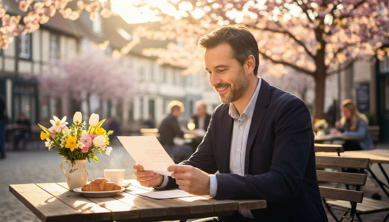 Homme souriant à une terrasse de café au printemps