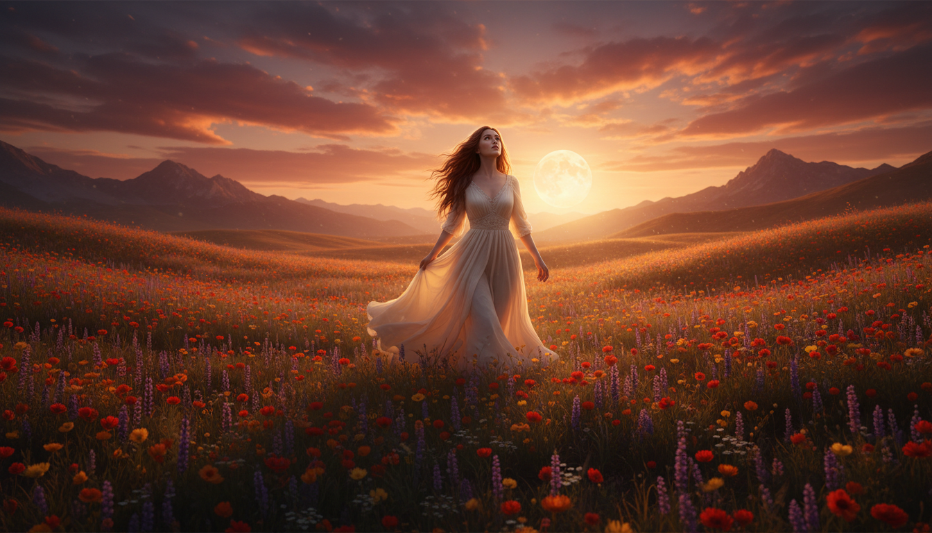 Femme marchant dans un champ de fleurs au crépuscule