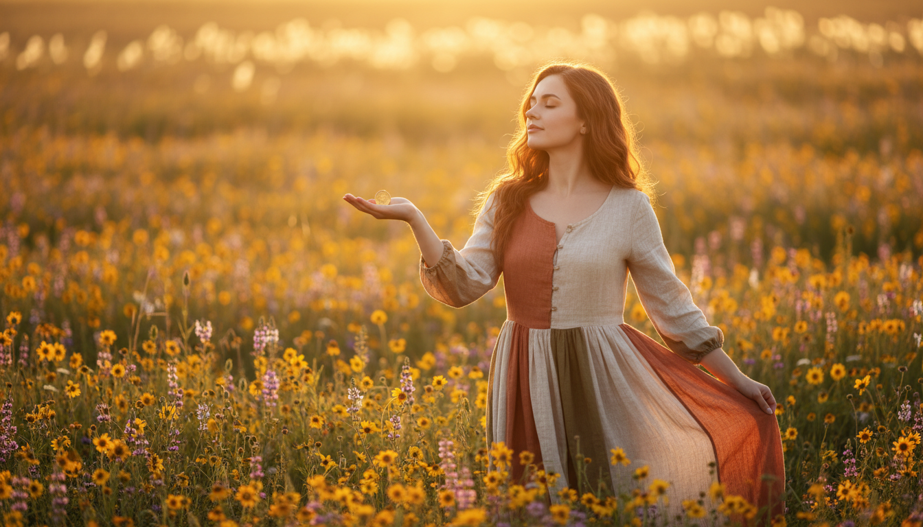 Femme tenant une pièce dorée dans un champ lumineux