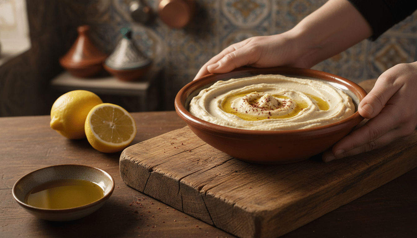 Bol de houmous crémeux fait maison avec citron et huile d'olive