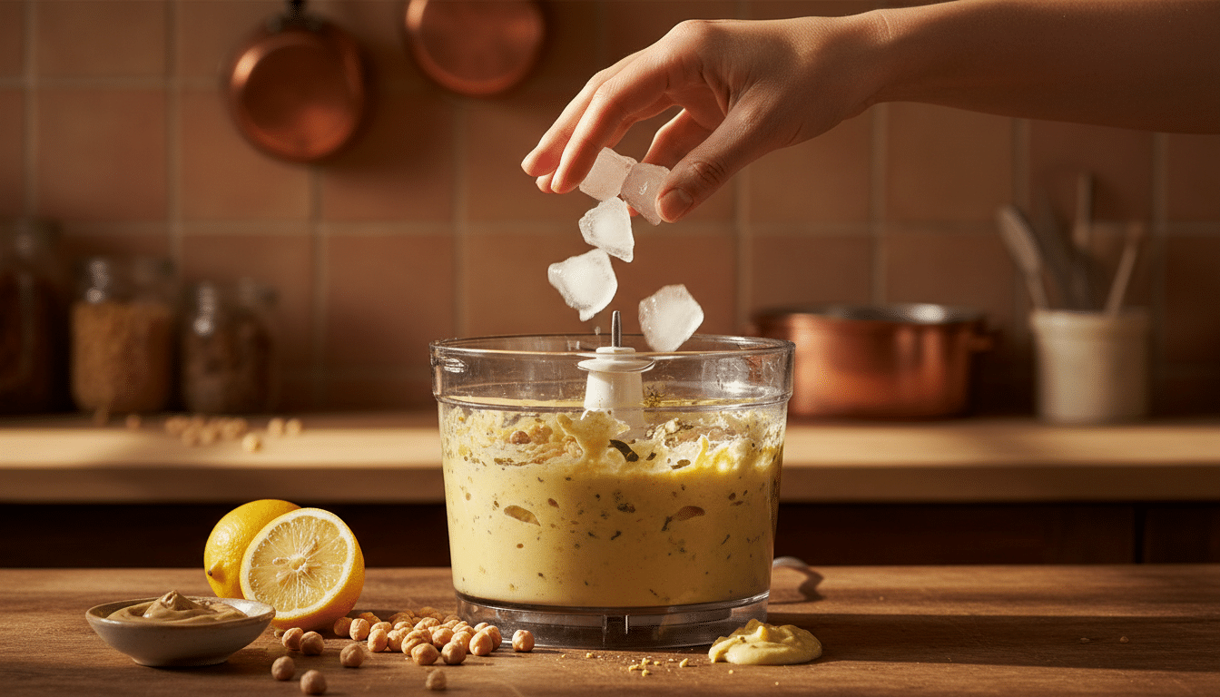 Glaçons ajoutés dans un robot mixeur pour houmous