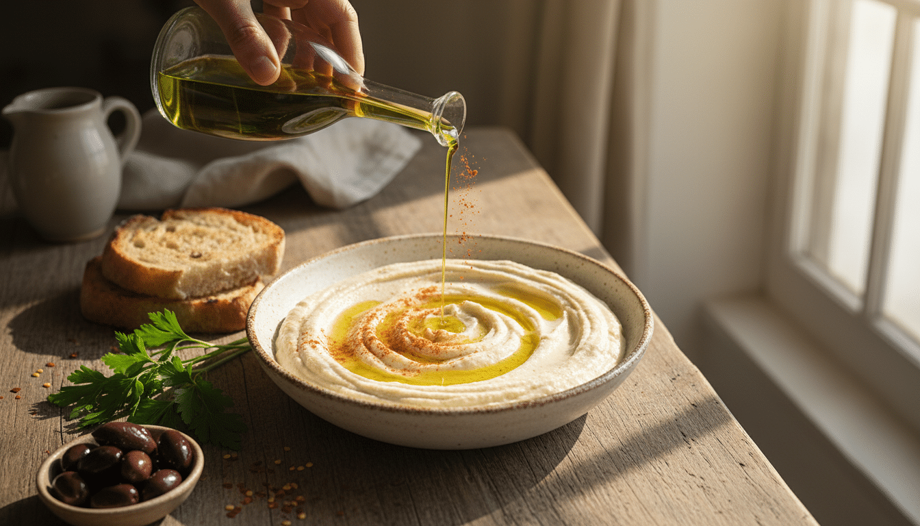 Dressage d'un houmous maison avec huile d'olive et paprika