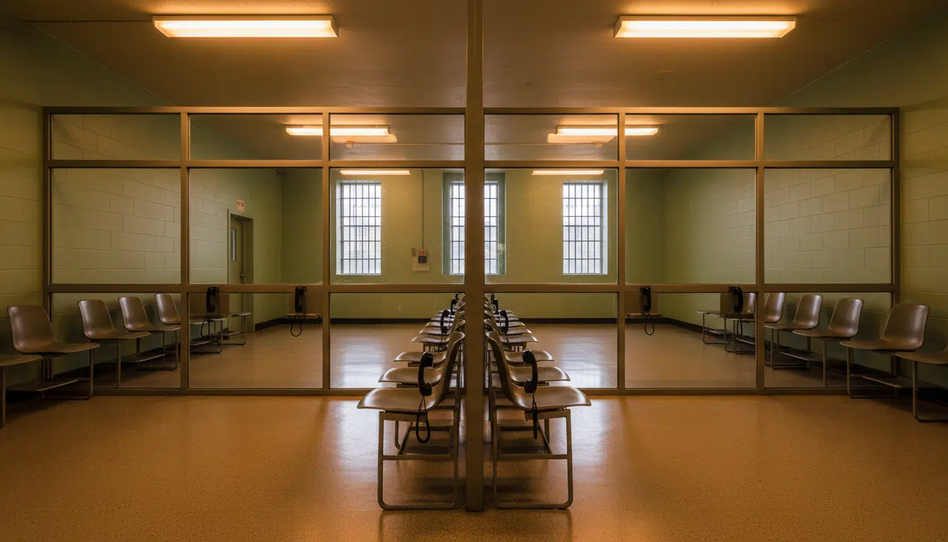 Parloir de prison avec vitre de séparation et téléphones sous éclairage fluorescent