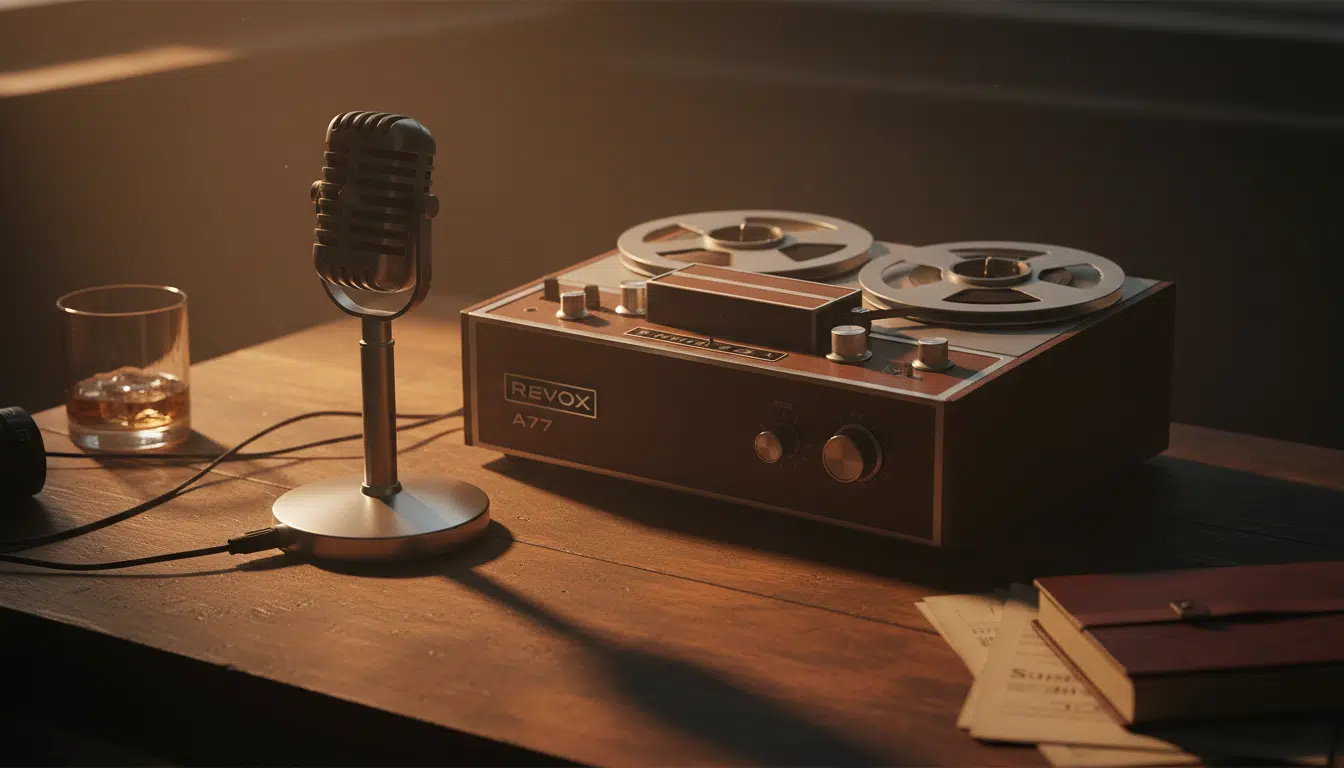 Microphone vintage et bobines d'enregistrement évoquant des écoutes secrètes
