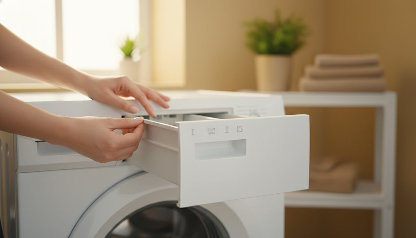 Tiroir à lessive ouvert montrant les symboles I II et fleur