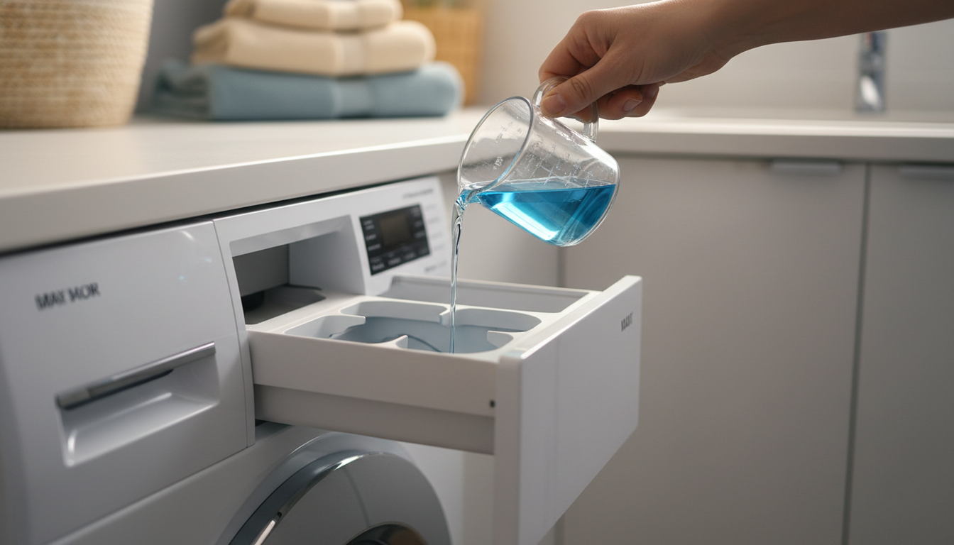 Adoucissant versé dans le compartiment fleur du tiroir de machine à laver