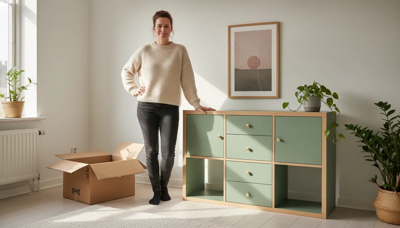 Femme posant devant une étagère IKEA KALLAX transformée en meuble design
