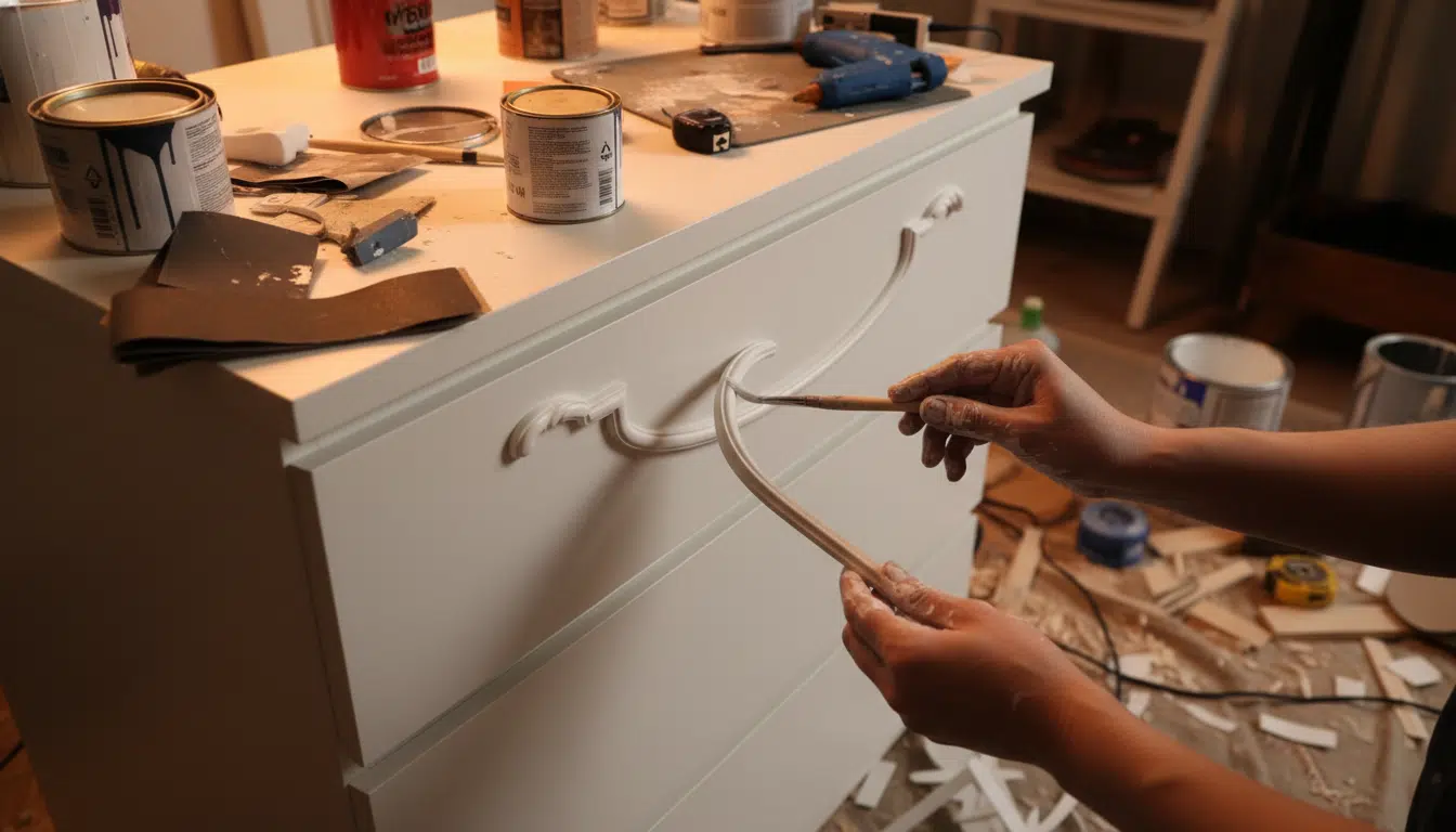Mains appliquant des moulures sur une commode IKEA MALM lors d'un hack DIY