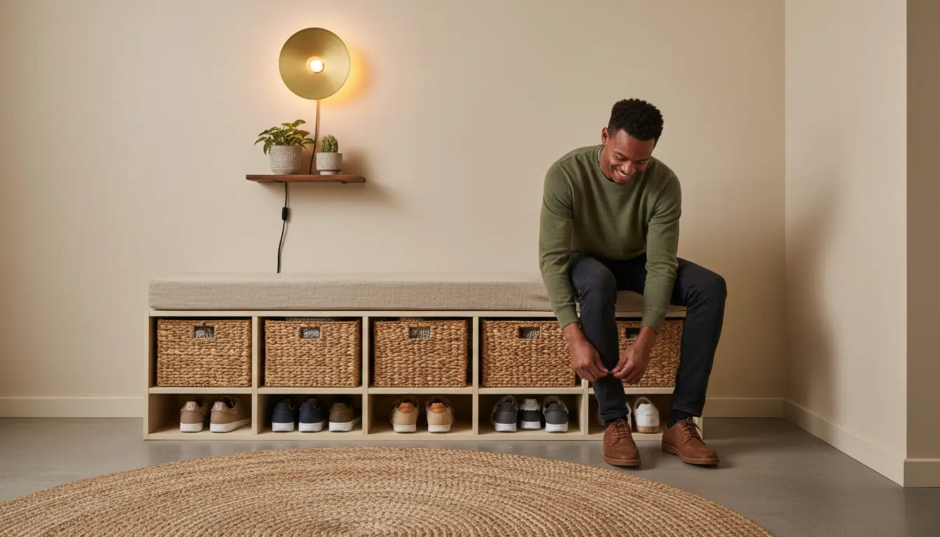 Entrée d'appartement avec banquette fabriquée à partir d'un meuble IKEA détourné