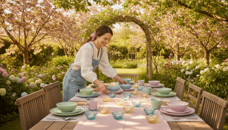 Femme dressant une table printanière avec la collection TOFSAND IKEA