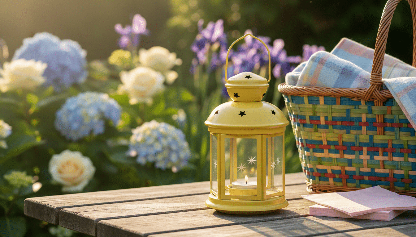 Lanterne jaune et panier pique-nique TOFSAND sur table de jardin