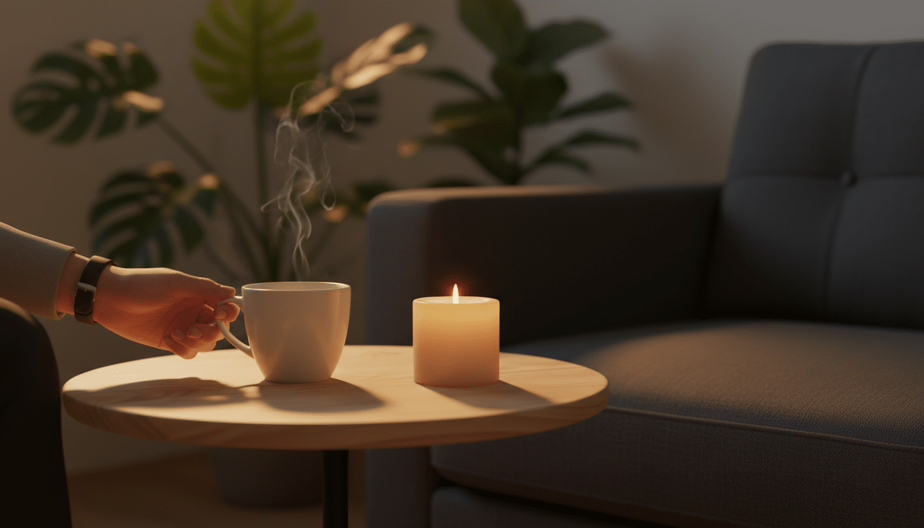 Table ronde en pin avec tasse et bougie posées dessus