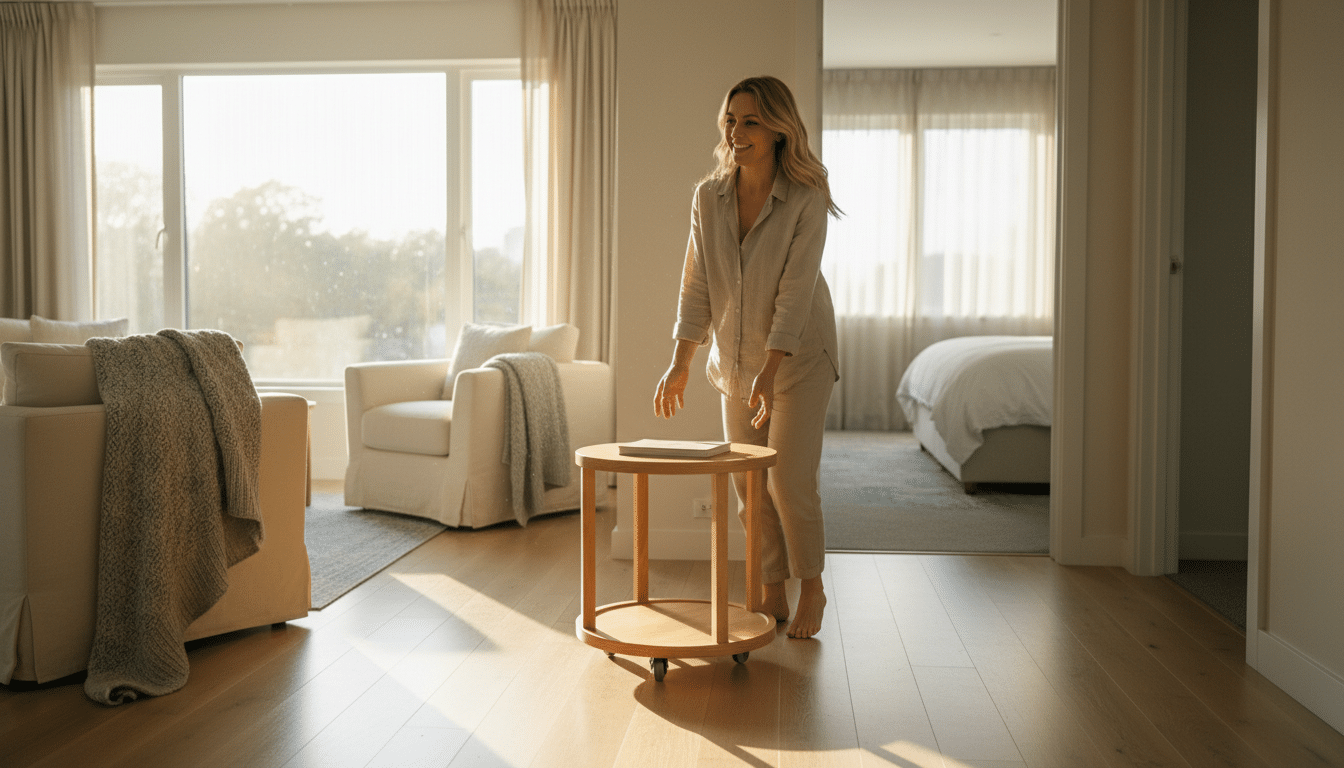 Femme déplaçant facilement la table IKEA sur roulettes cachées