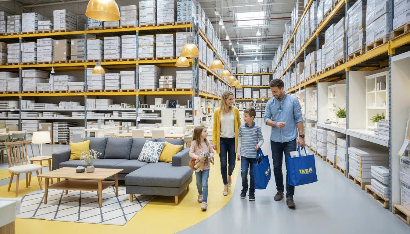 Famille parcourant les allées d'un magasin IKEA avec un bracelet podomètre