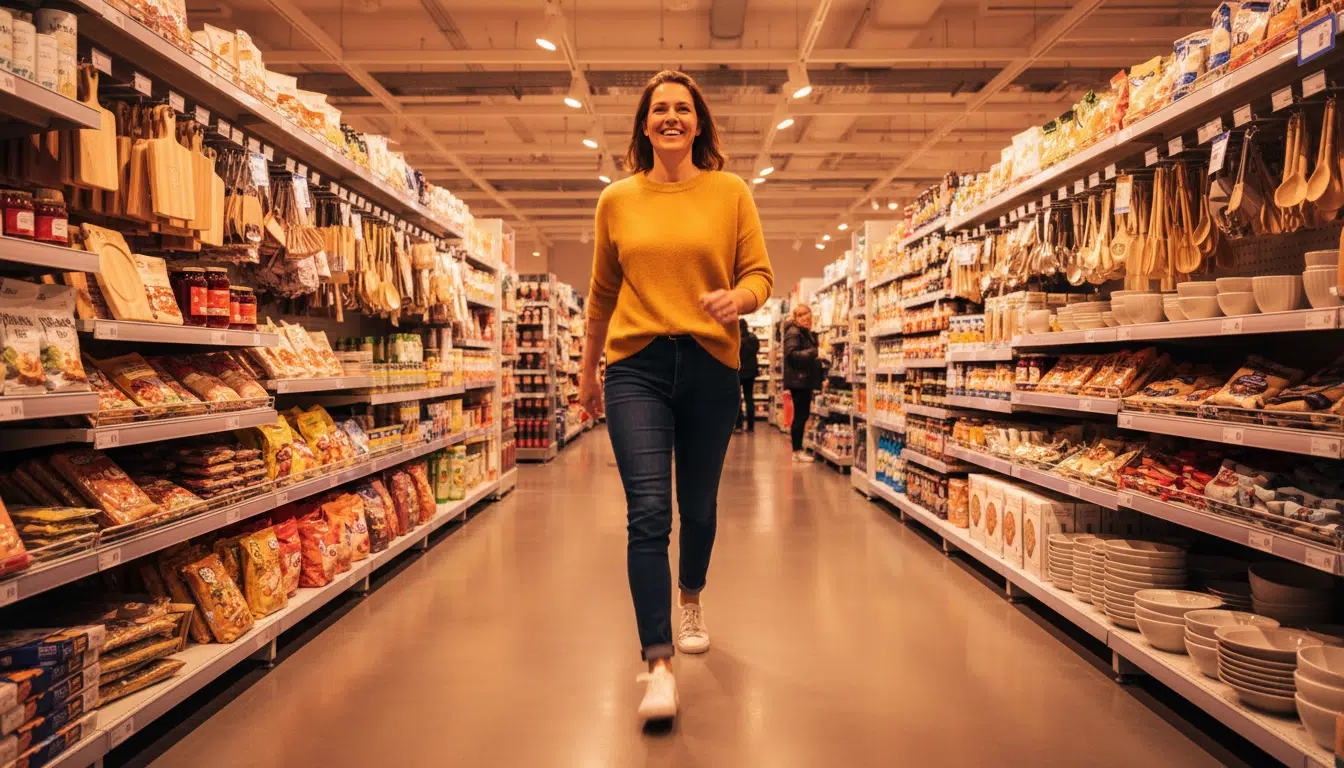 Cliente marchant dans le marché IKEA avec énergie