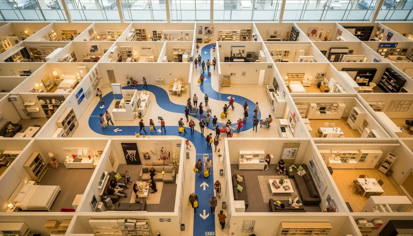 Vue aérienne du parcours labyrinthique d'un magasin IKEA