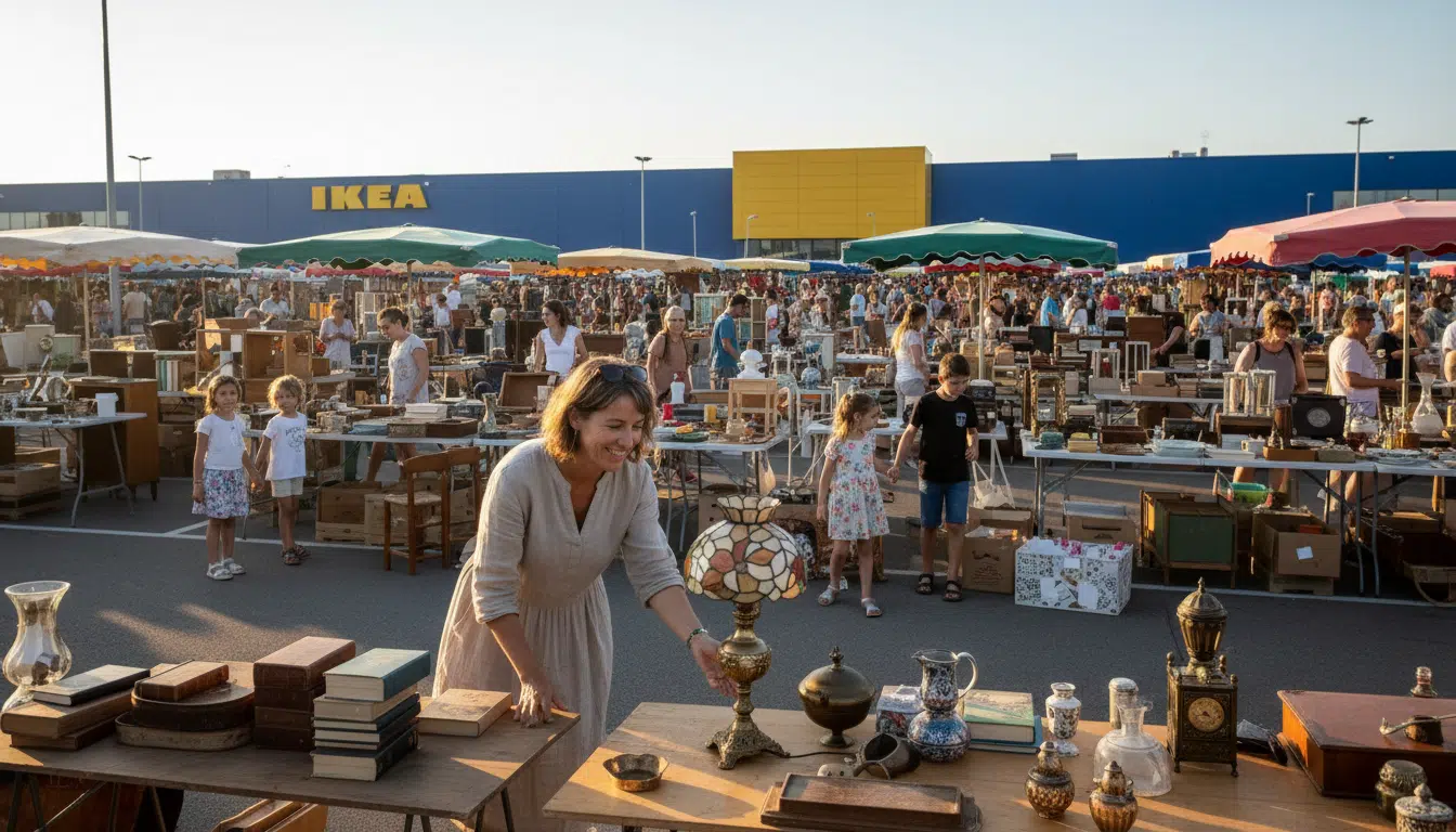 Parking IKEA transformé en vide-greniers géant avec des visiteurs