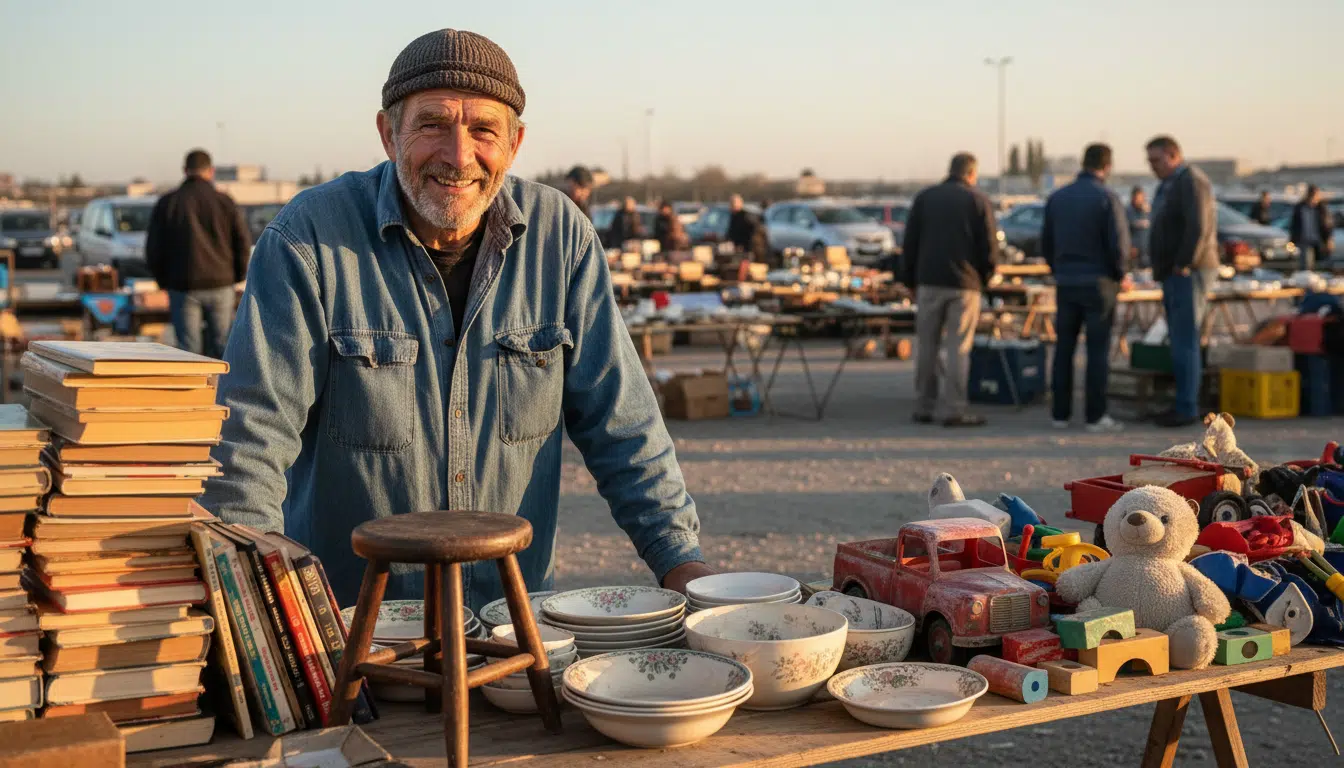 Exposant souriant derrière son stand de seconde main