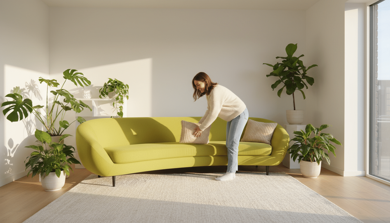 Canapé IKEA LILLESÄTER jaune-vert vif dans un salon scandinave lumineux