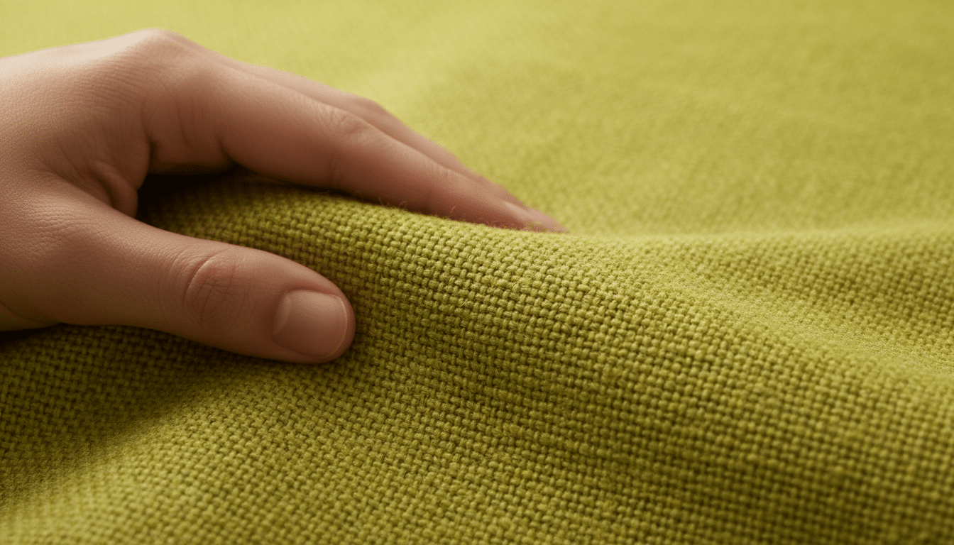 Gros plan sur le tissu Gunnared jaune-vert vif du canapé LILLESÄTER