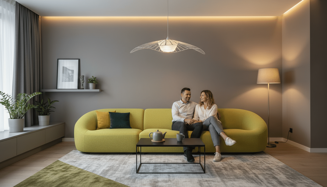 Canapé LILLESÄTER jaune-vert dans un salon contemporain aux murs gris taupe