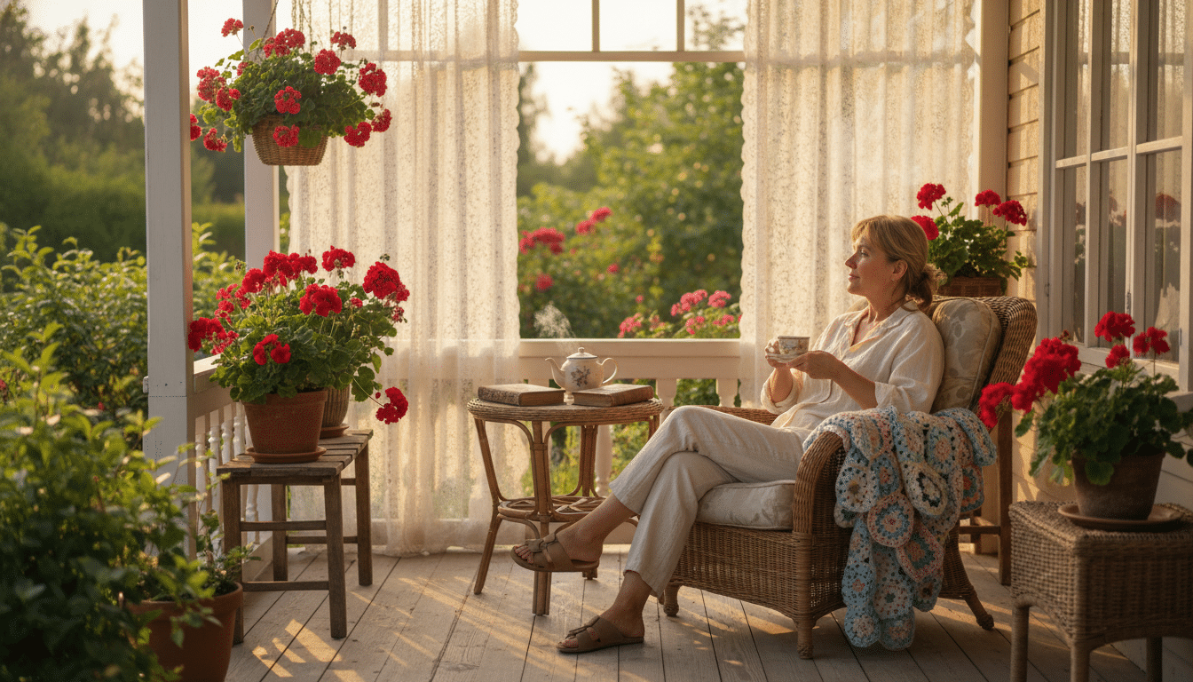 Terrasse vintage avec mobilier en rotin style grandmacore