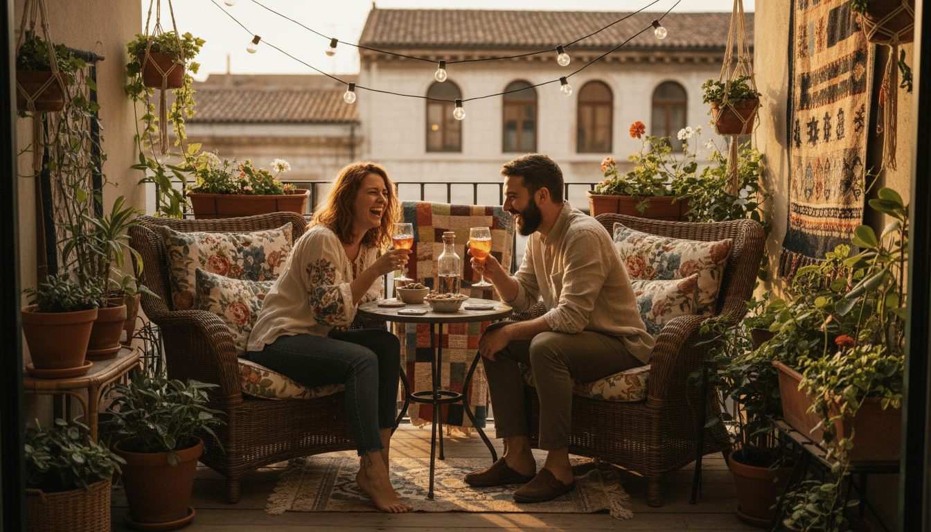 Balcon décoré style bohème avec chaises en rotin IKEA