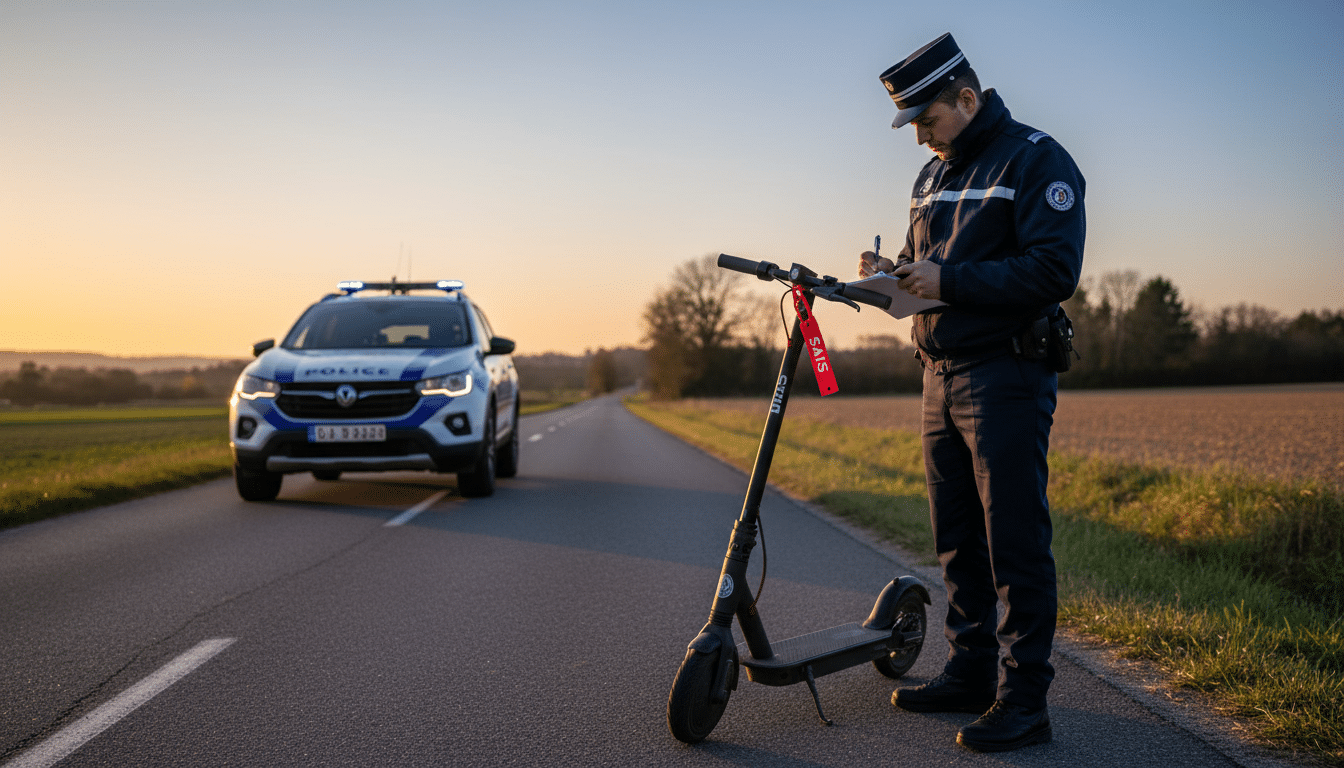 Policier verbalisant à côté d'une trottinette saisie