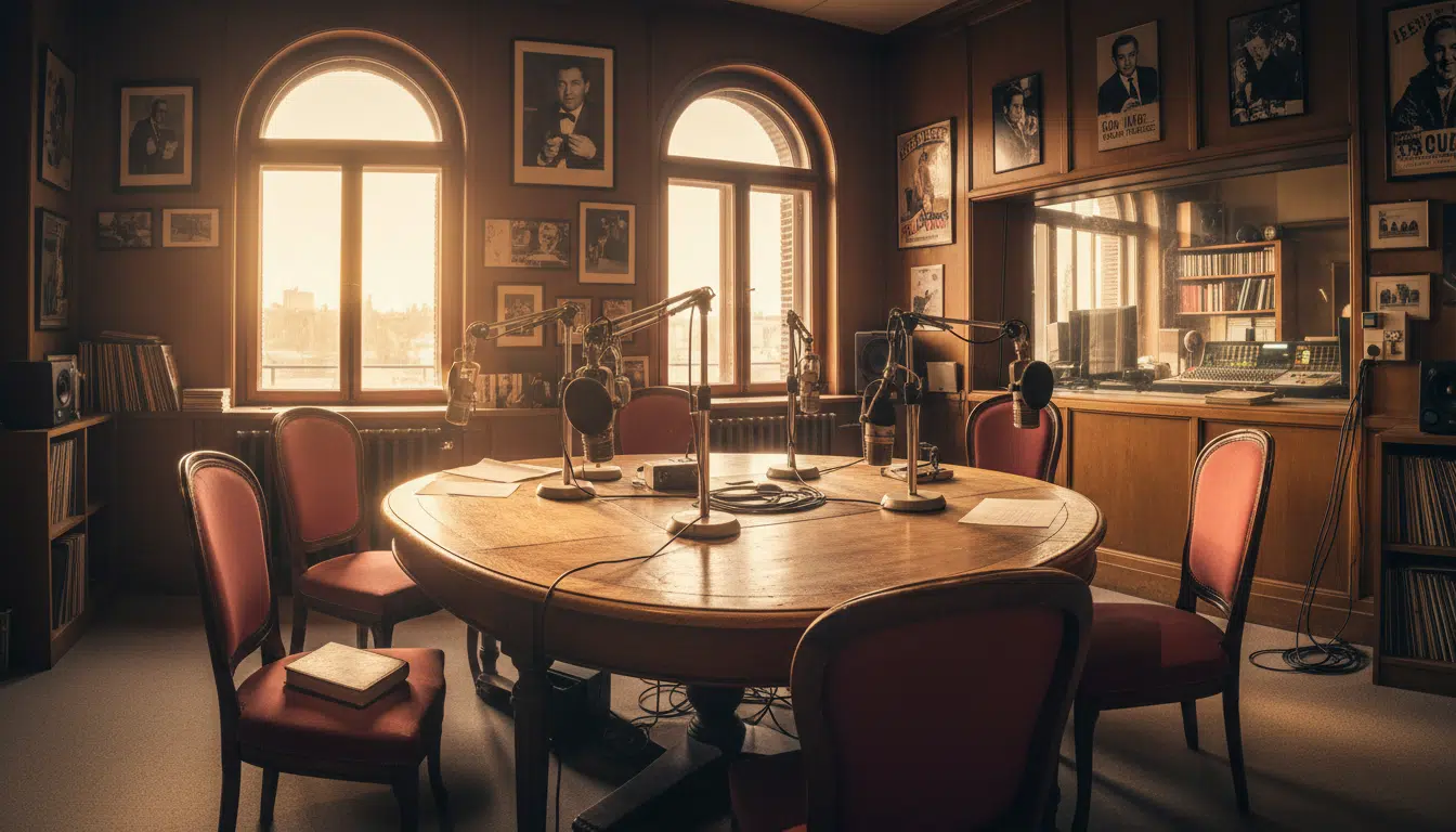 Studio radio des Grosses Têtes avec une chaise vide en hommage à Isabelle Mergault