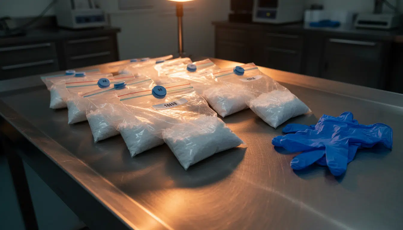 Saisie de drogue sur une table de laboratoire policier