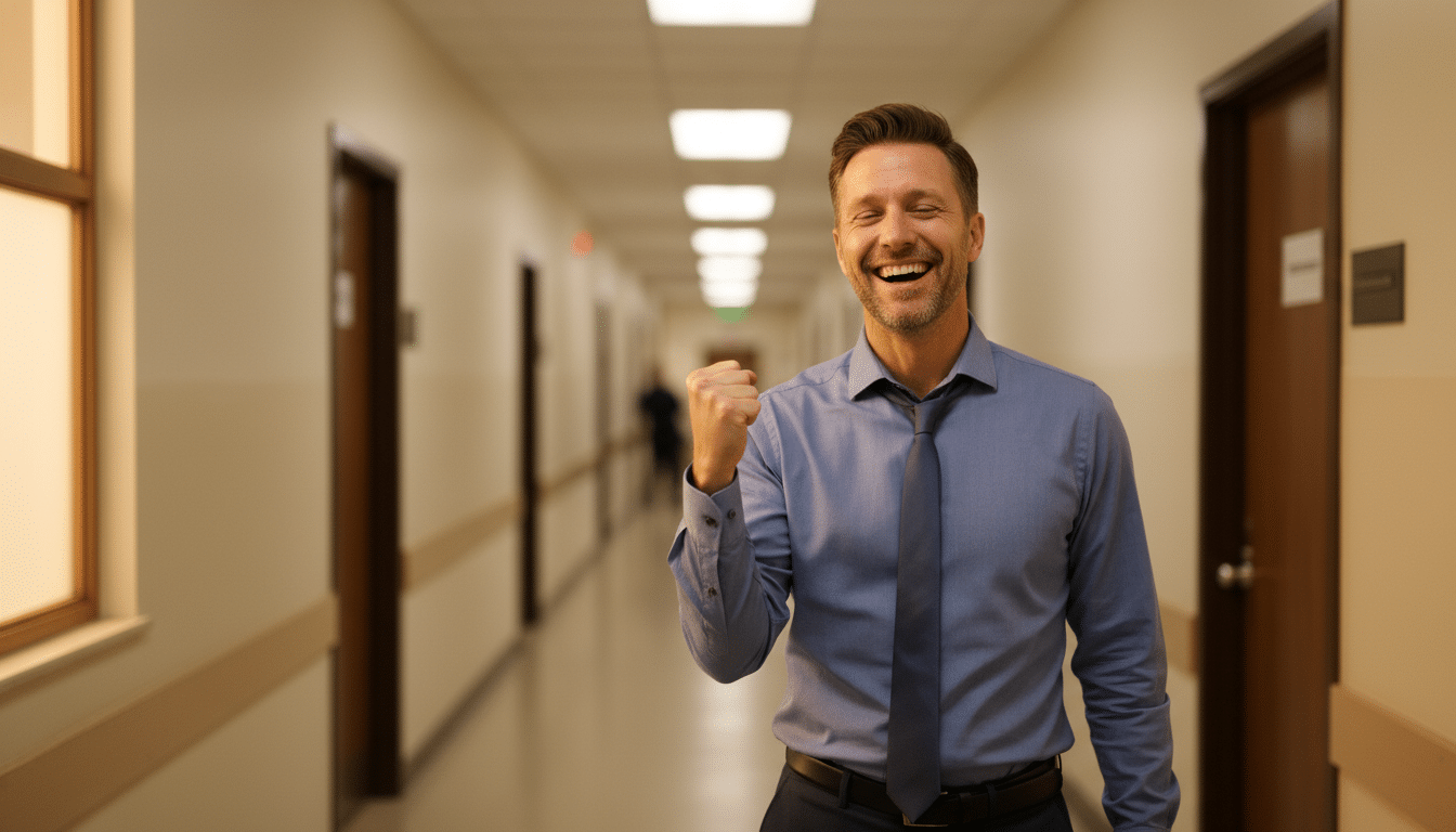 Homme célébrant discrètement une victoire dans un couloir administratif