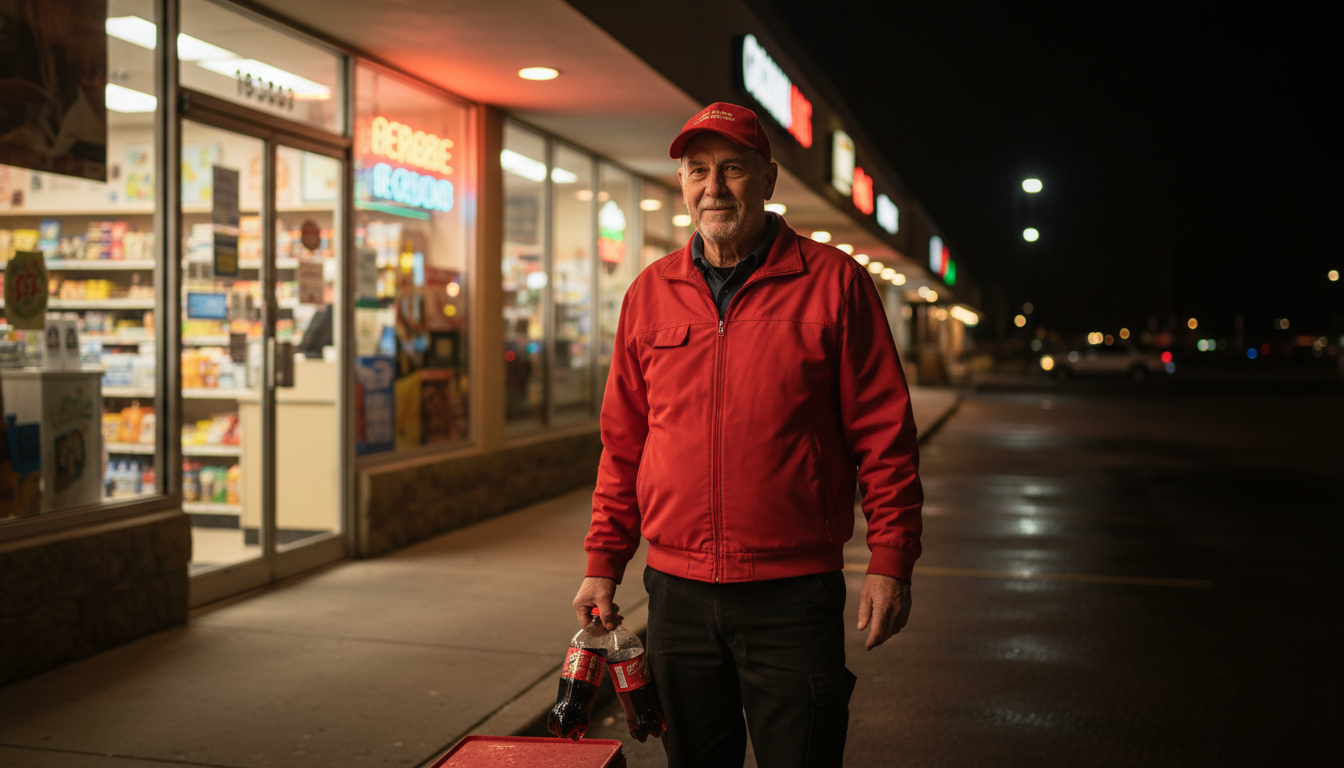 Dan Simpson livreur de pizzas devant une supérette