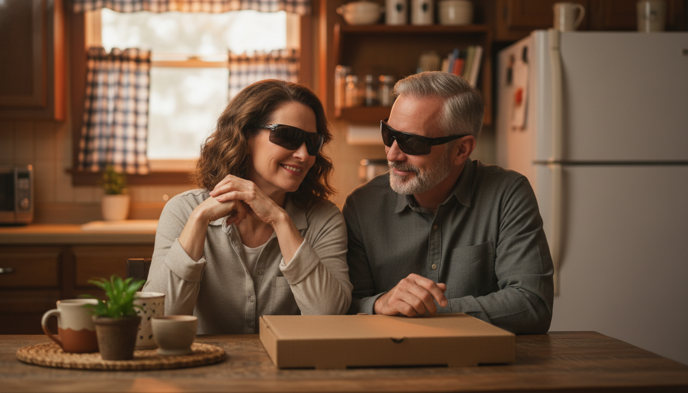 Couple malvoyant attendant leur livraison de pizza