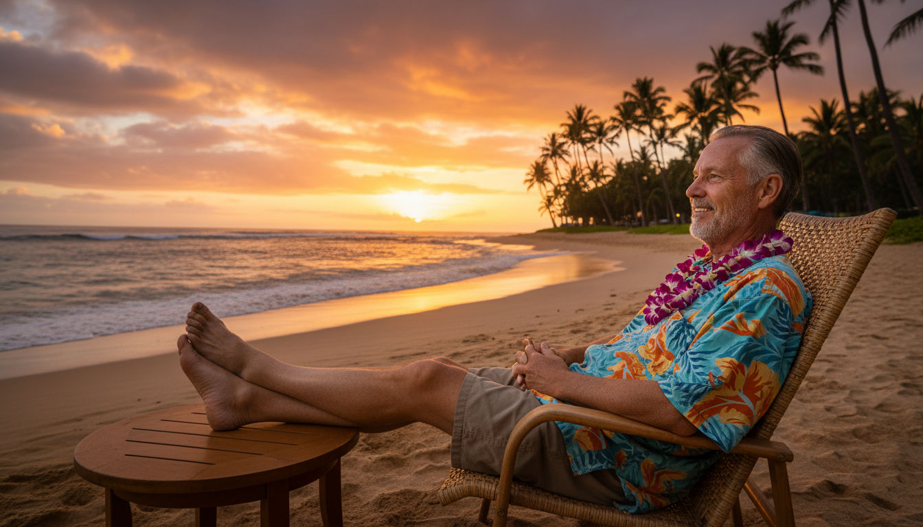 Homme retraité profitant d'un coucher de soleil à Hawaï