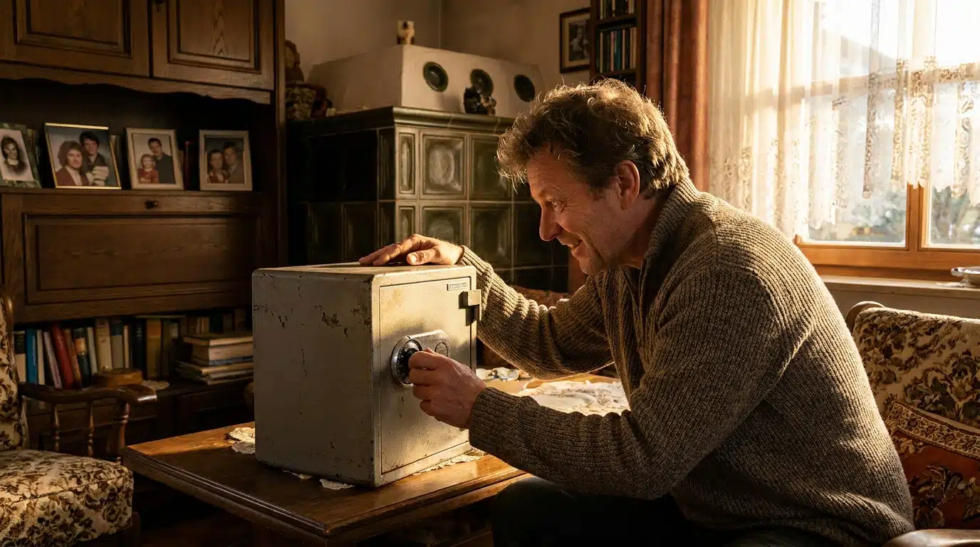 Homme ouvrant un coffre-fort d'occasion dans son salon