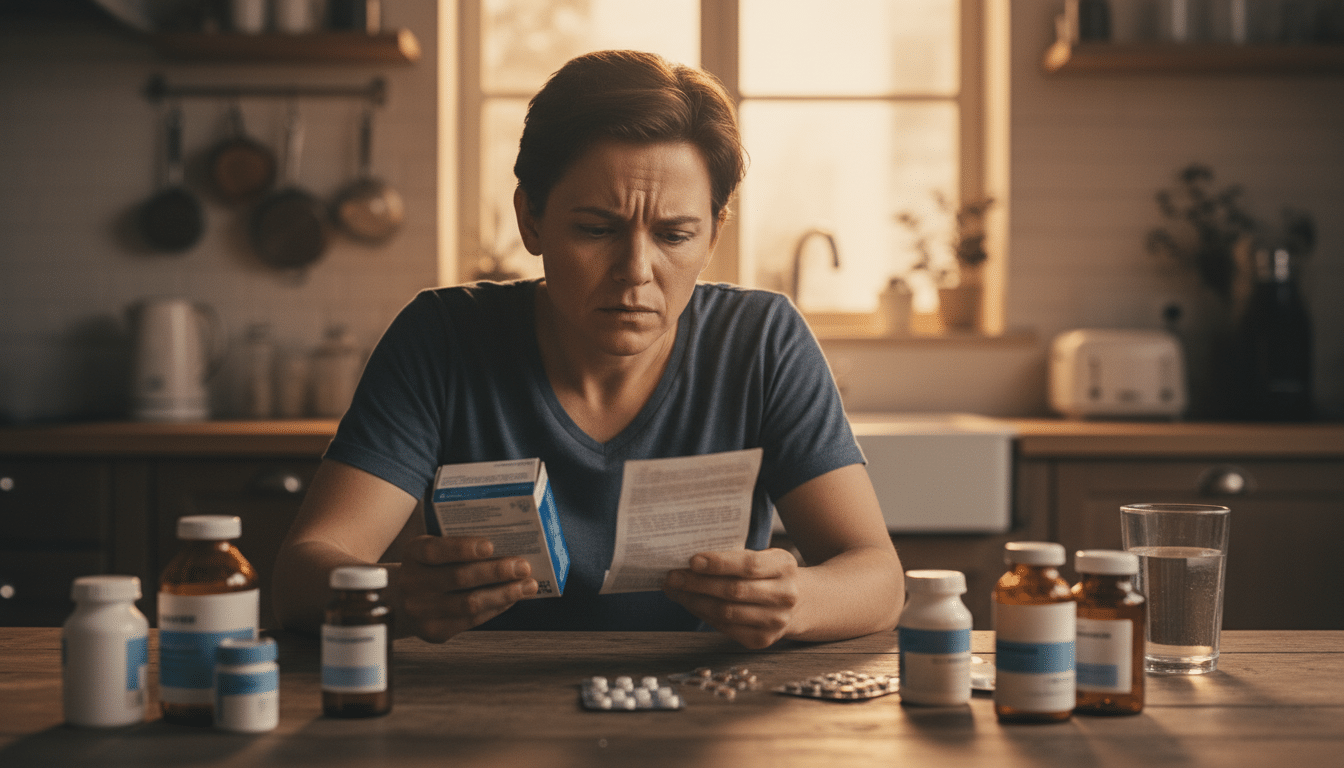 Personne inquiète lisant la notice d'un médicament