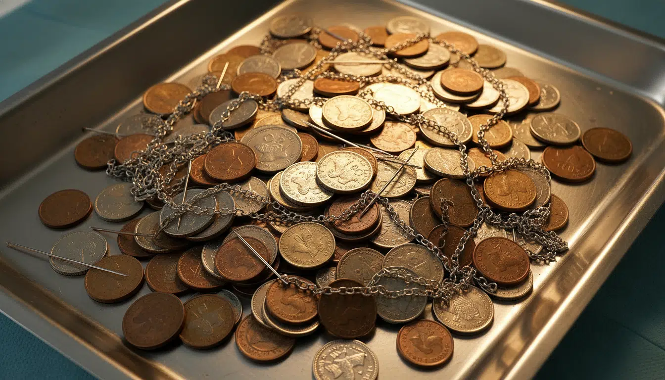 Pièces de monnaie et objets extraits d'un estomac