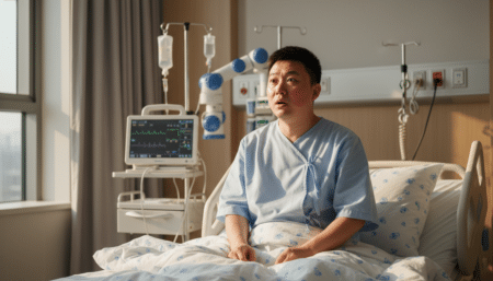 Patient chinois de 32 ans sur un lit d'hôpital