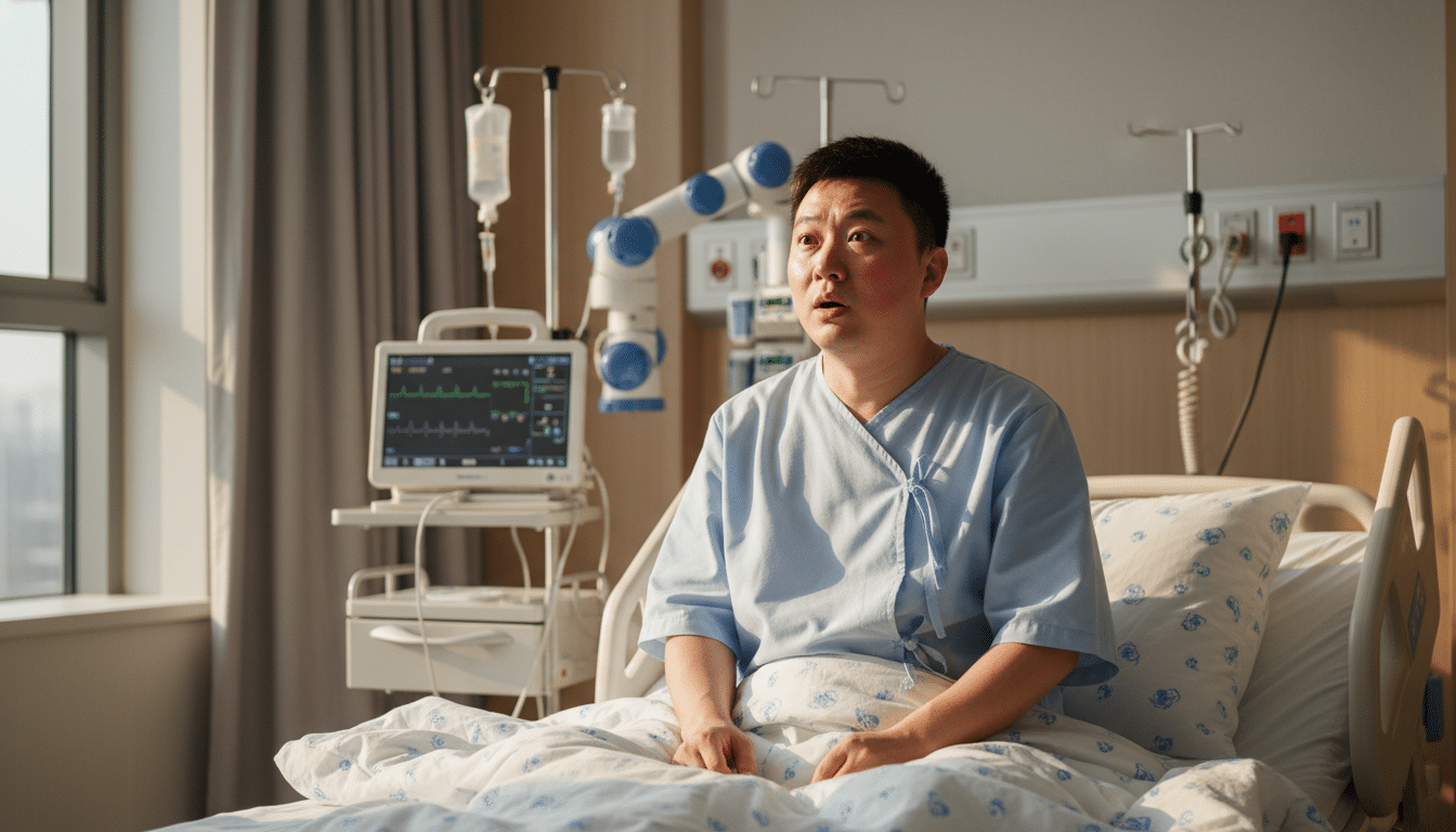 Patient chinois de 32 ans sur un lit d'hôpital