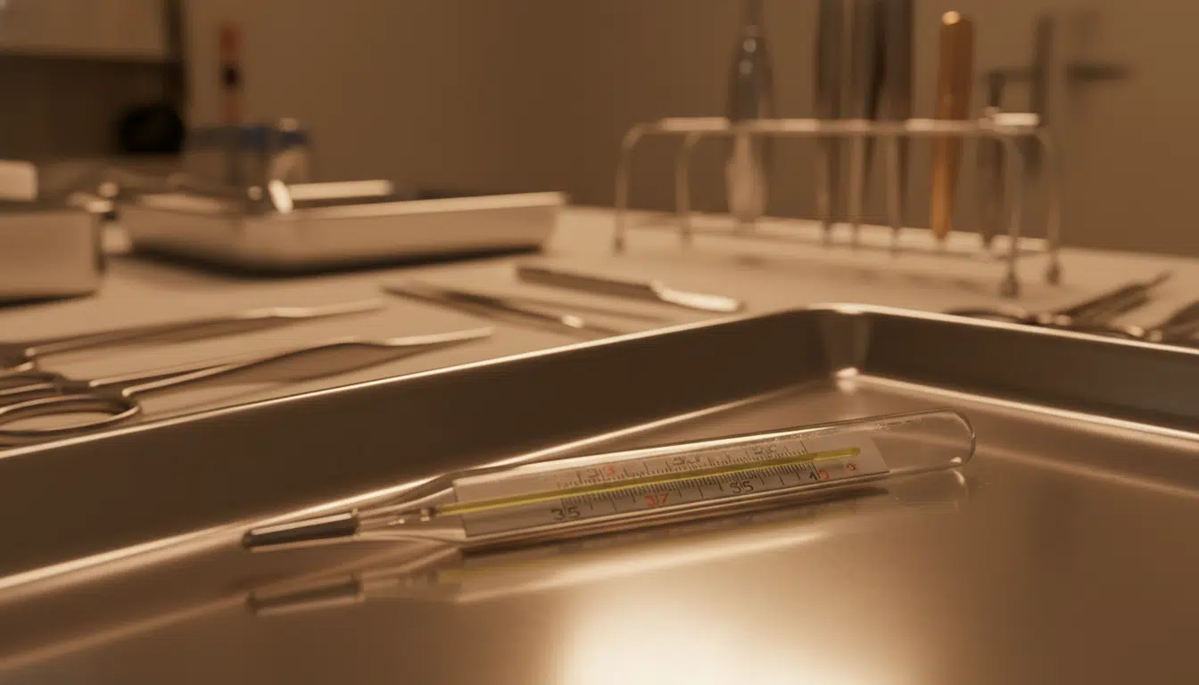 Thermomètre à mercure usé posé sur un plateau médical