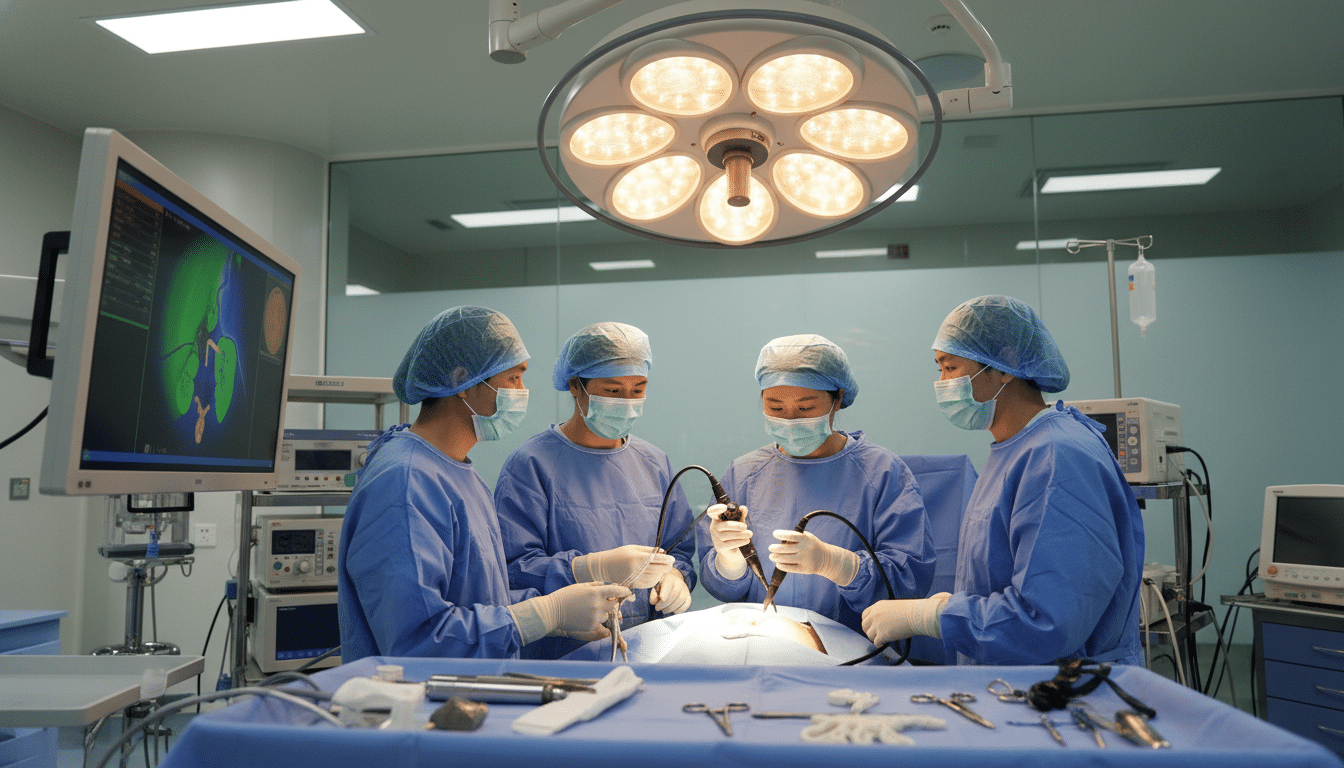 Équipe médicale chinoise réalisant une endoscopie