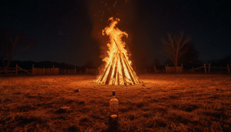 Feu de nuit dans une cour rurale de Caroline du Sud