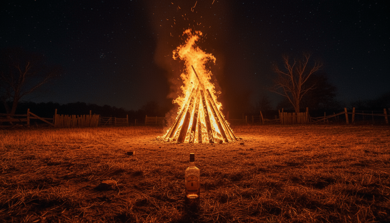 Feu de nuit dans une cour rurale de Caroline du Sud