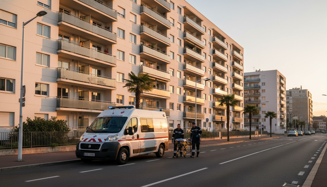 Ambulance du SAMU au pied d'un immeuble à Pessac