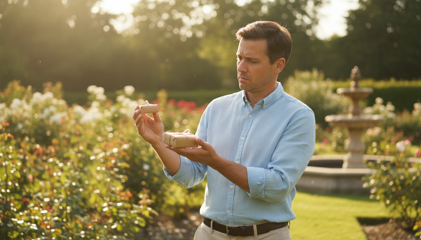 Homme perplexe tenant un petit colis dans son jardin
