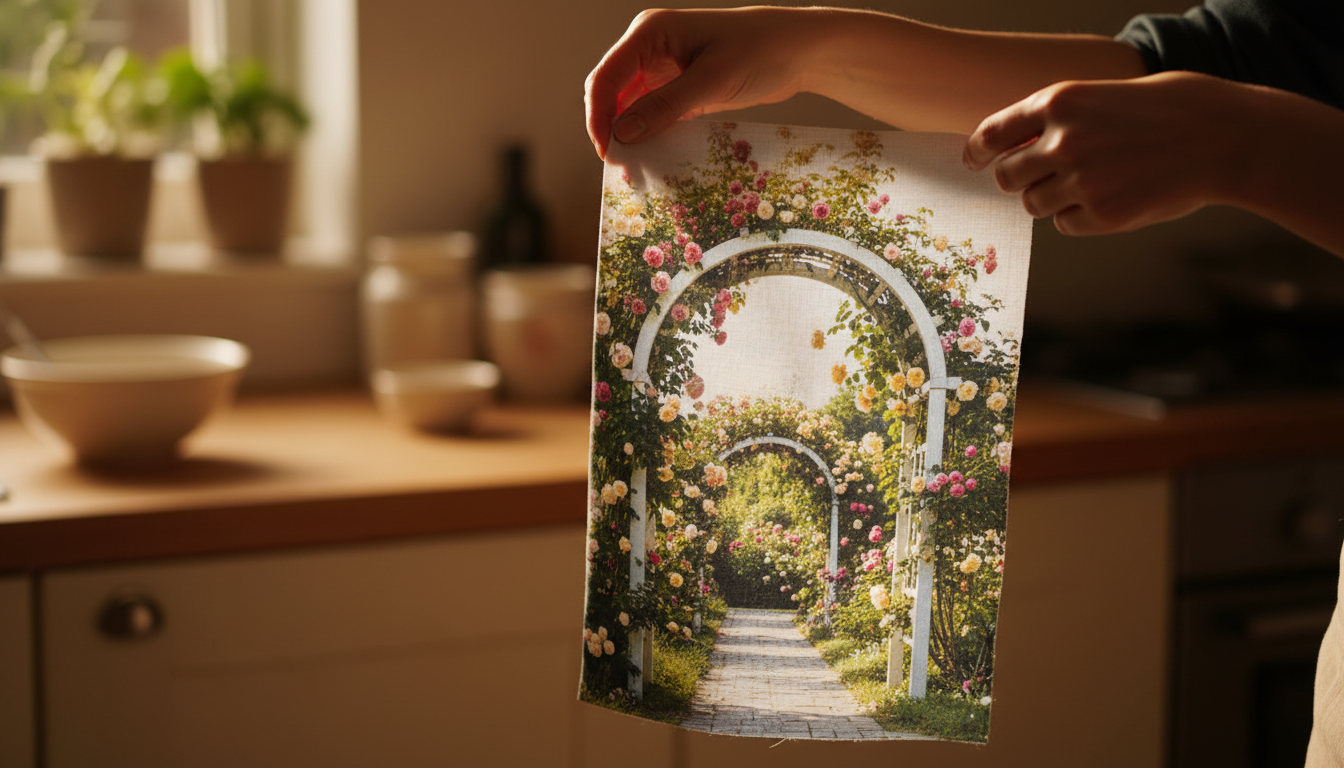 Tissu imprimé avec photo d'arche de jardin reçu de Temu