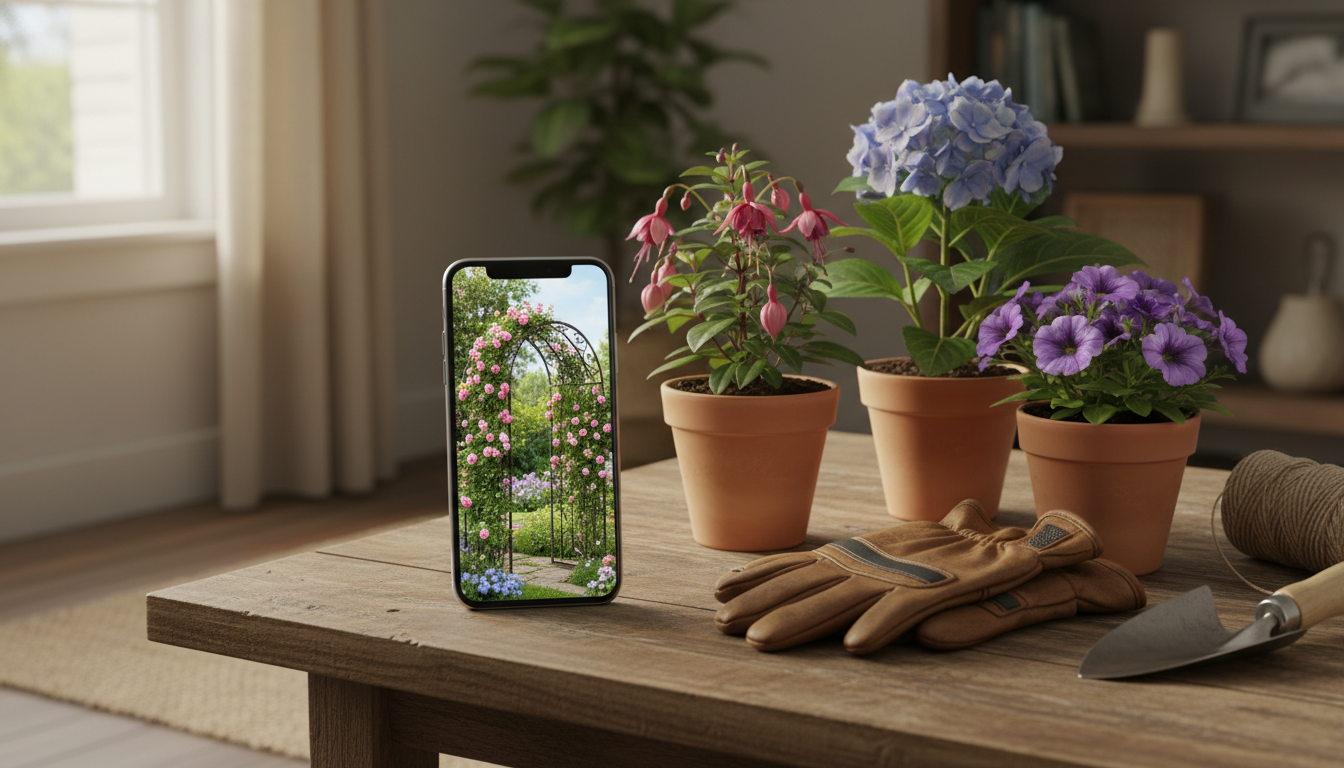 Annonce en ligne d'arche de jardin à côté de vraies fleurs