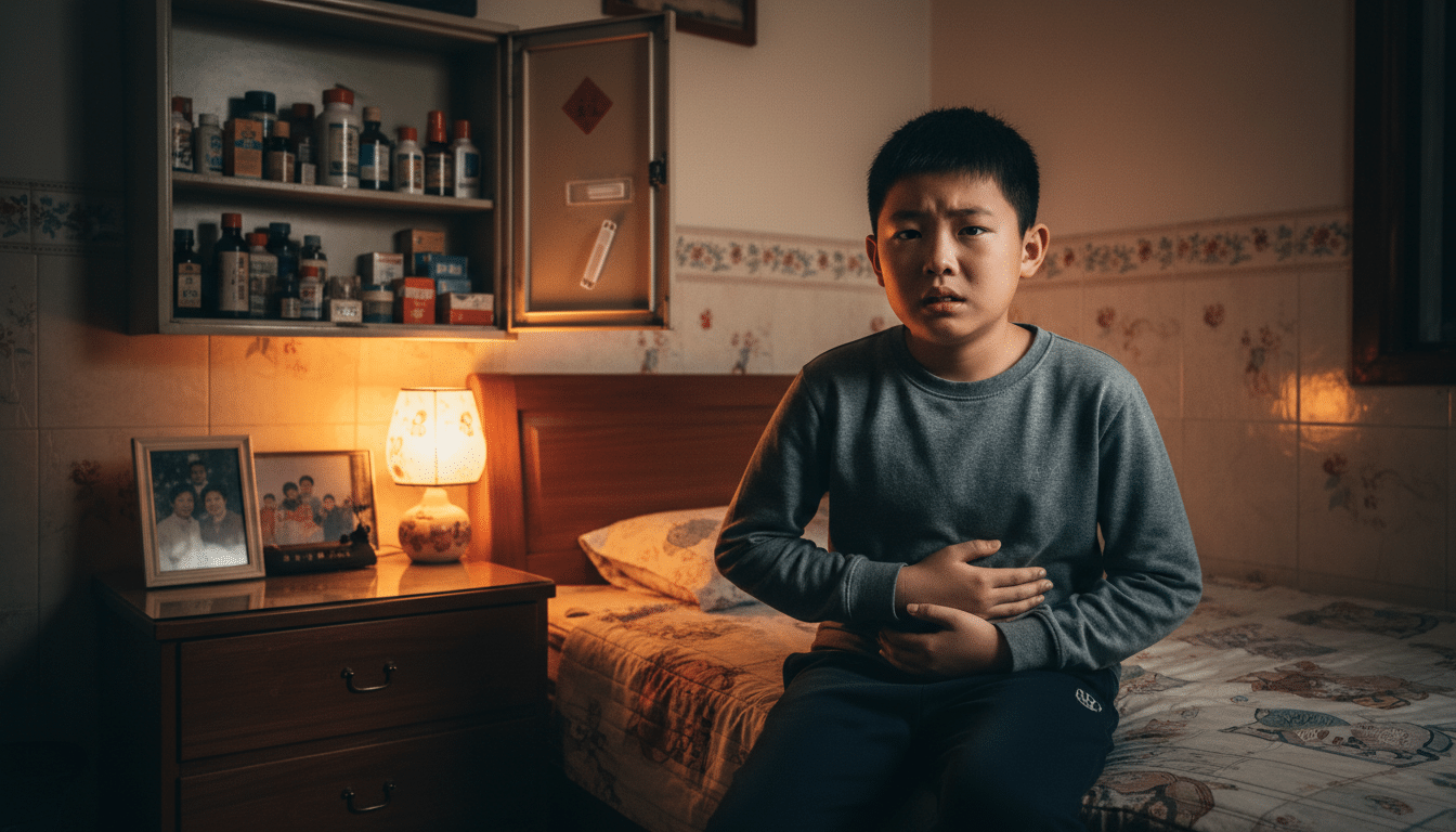 Enfant effrayé tenant son ventre après avoir avalé un thermomètre