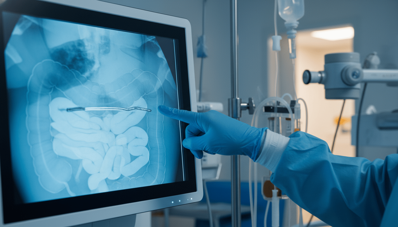 Écran médical montrant un corps étranger dans l'intestin