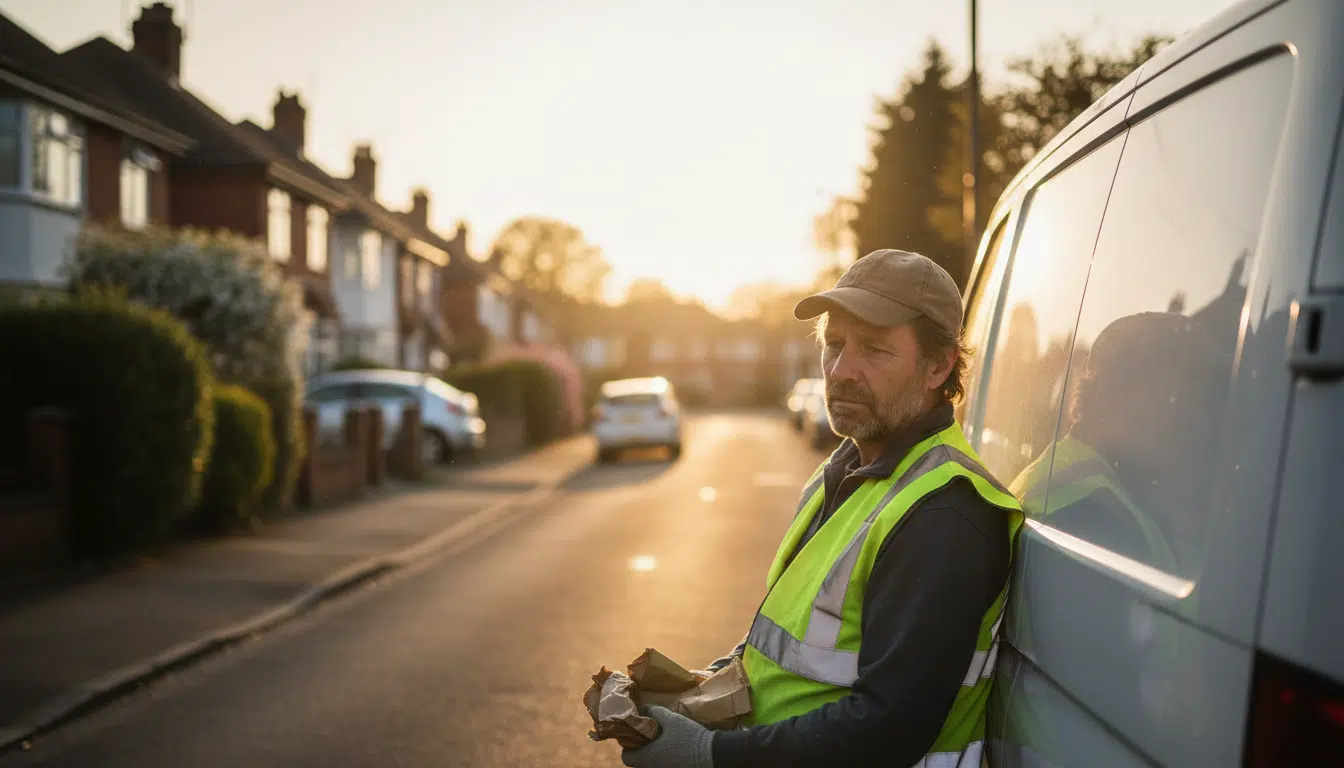 Livreur épuisé appuyé contre son véhicule
